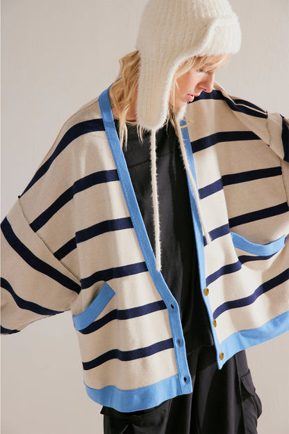 White Colorblock Drop Shoulder Buttoned Loose Cardigan - Snoopy's Closet