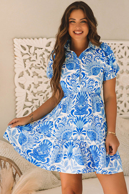 Minivestido fruncido con cordón y estampado floral retro azul cielo