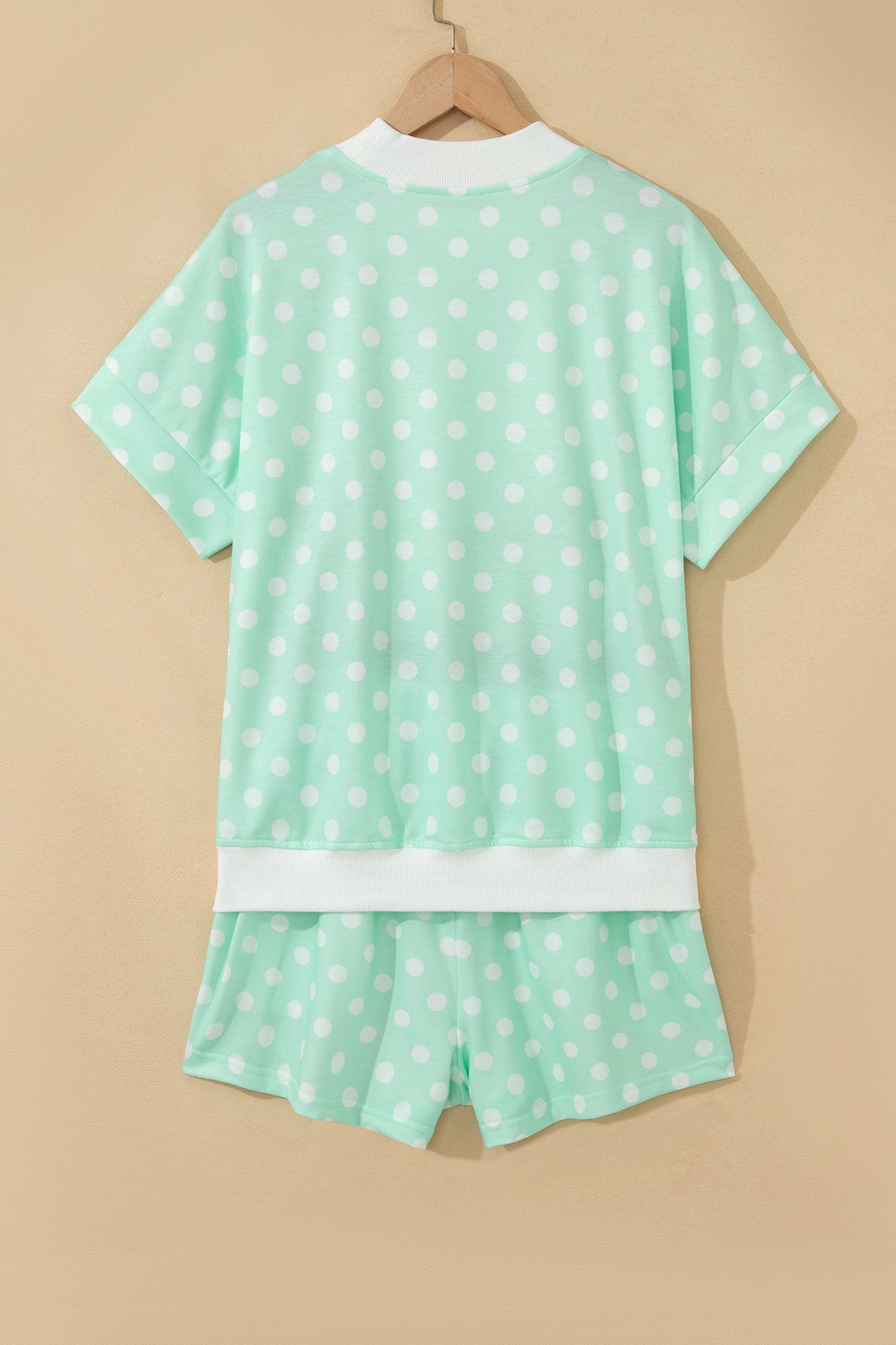 Sky Blue Polka Dot Print Color Block Trim Mock Neck Short Set - Snoopy's Closet