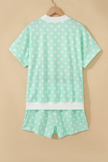 Sky Blue Polka Dot Print Color Block Trim Mock Neck Short Set - Snoopy's Closet