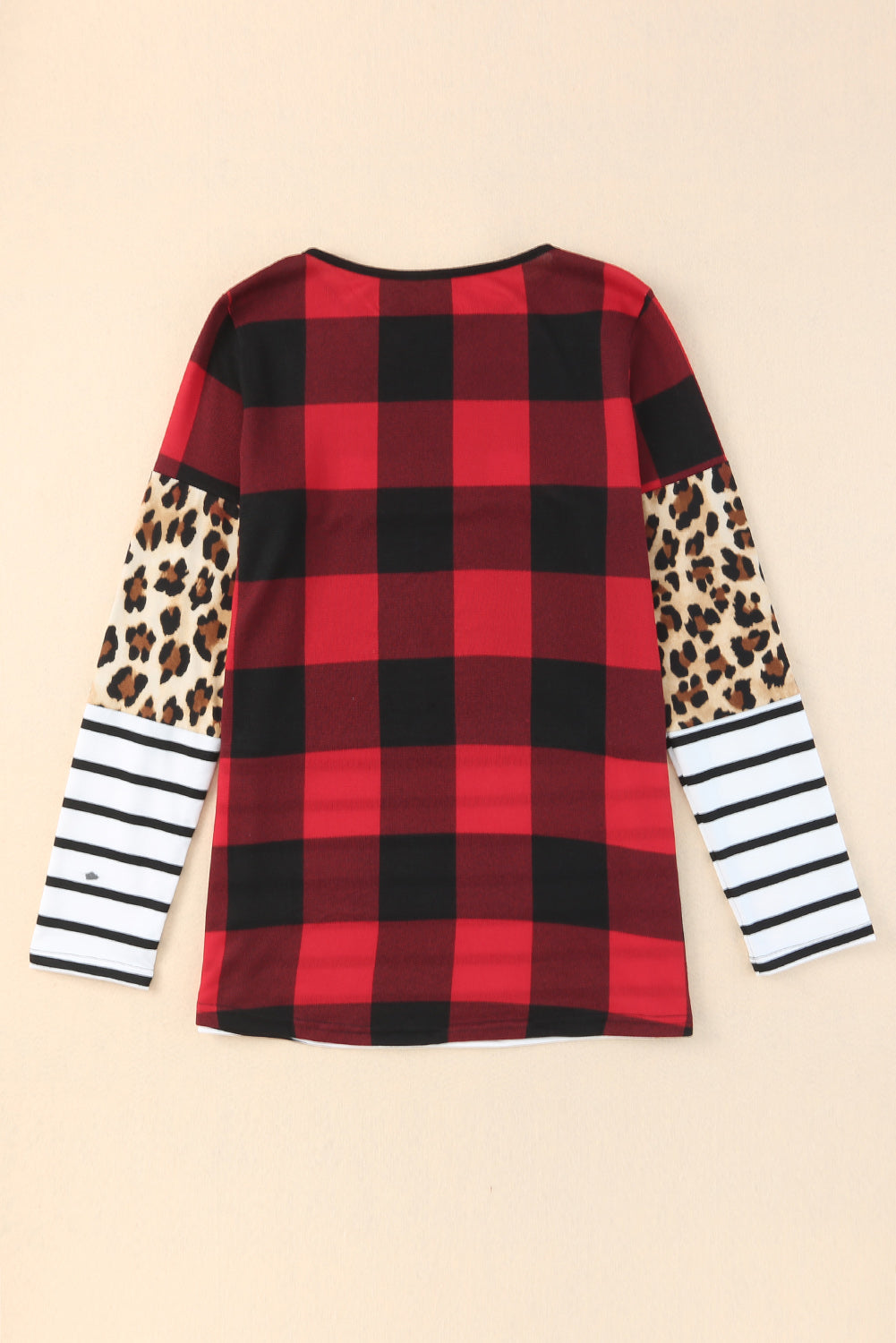 Plaid Print Leopard Splicing Striped Color Block Long Sleeve Top - Snoopy's Closet