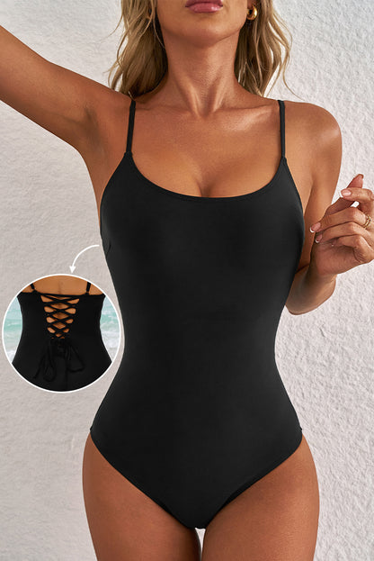 Dearlove Black Thin Strap Strappy Lace-up Open Back One Piece Swimsuit - Snoopy's Closet