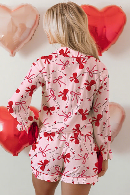 Red Bow Print Valentine Long Sleeve Shirt Shorts 2 Pcs Pajama Set - Snoopy's Closet