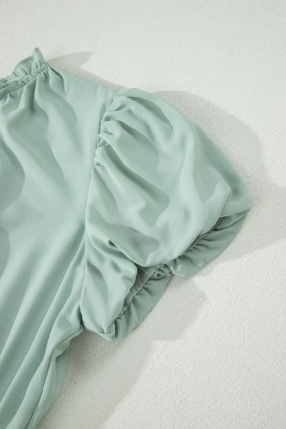 Vestido maxi escalonado de cintura alta con cuello en V y manga corta abullonada en color sólido Aqua claro