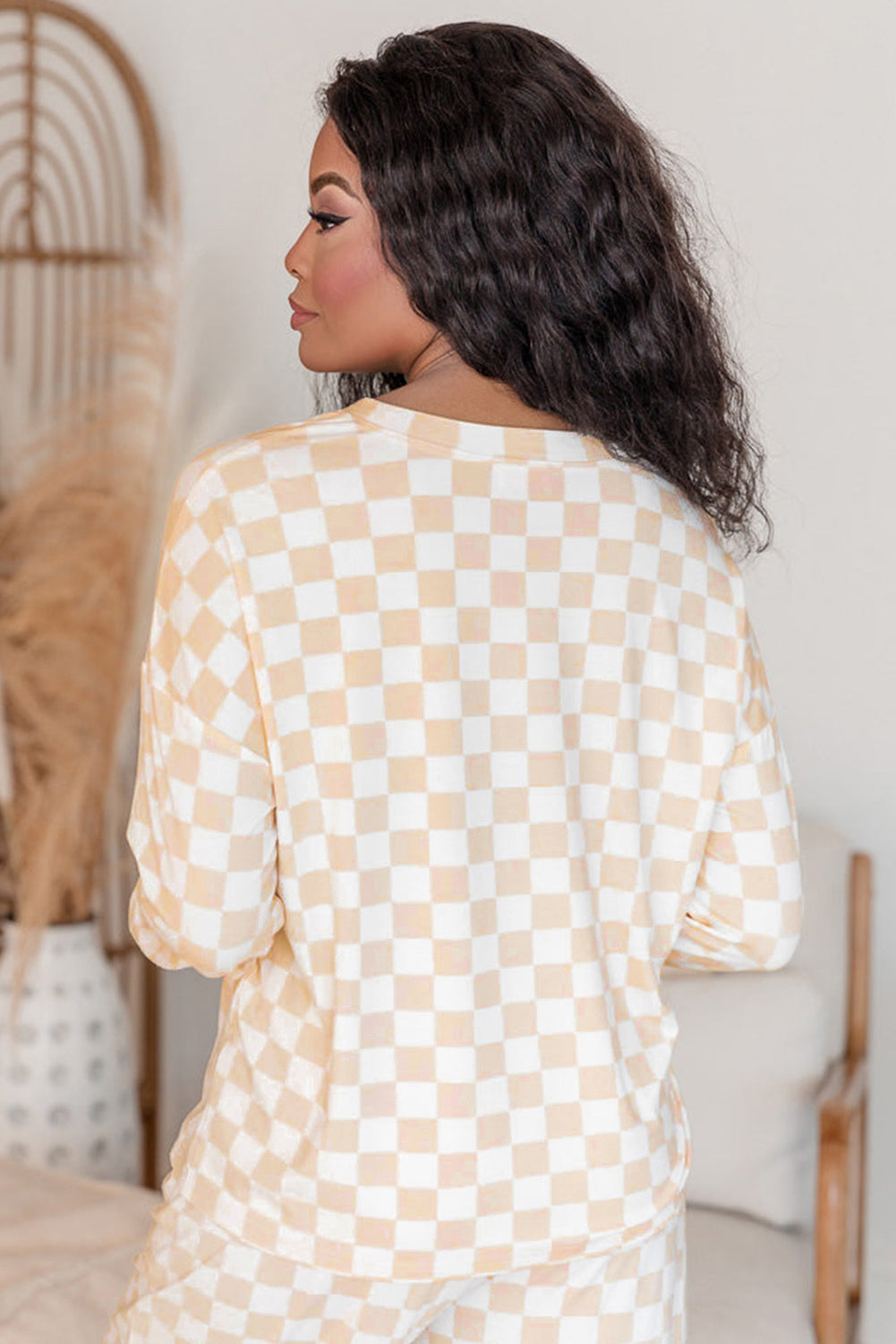 Beige Checkered Print Long Sleeve Top and Pants Lounge Set - Snoopy's Closet