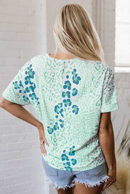 Green Mixed Leopard Print V Neck Short Sleeve Blouse - Snoopy's Closet