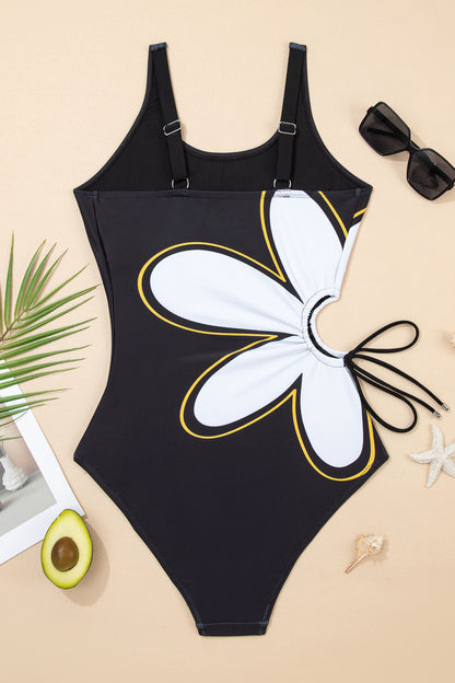 Black Drawstring Big Hole Floral Print Sleeveless One Piece Swimsuit - Snoopy's Closet