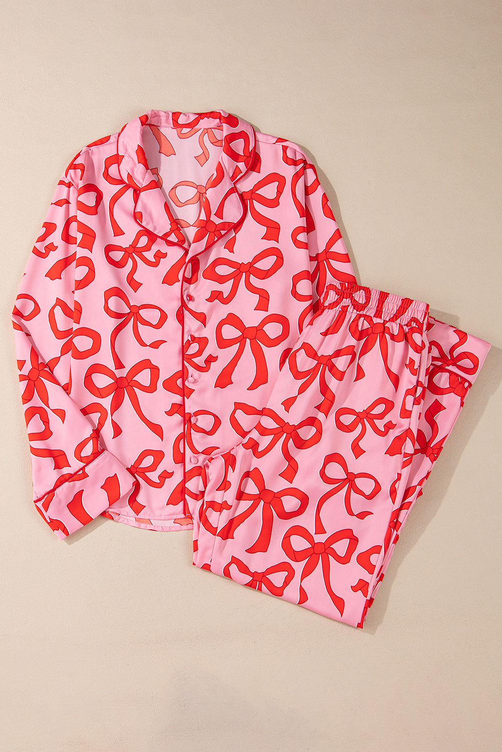 Pink 2pcs Bow Print Shirt Style Long Sleeve Pajama Set - Snoopy's Closet