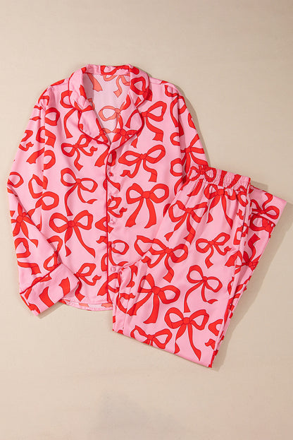 Pink 2pcs Bow Print Shirt Style Long Sleeve Pajama Set - Snoopy's Closet