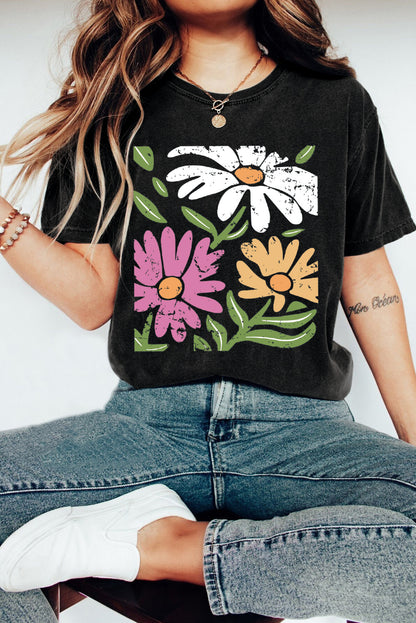 Camiseta casual de cuello redondo con estampado floral retro negro