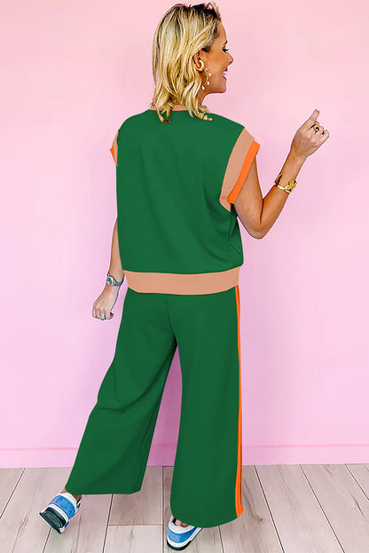 Dark Green Color Block Detail Casual Two-piece Set - Snoopy's Closet