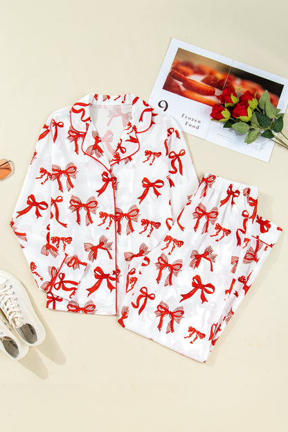Red Christmas Bow Print Long 2pcs Pajama Set - Snoopy's Closet