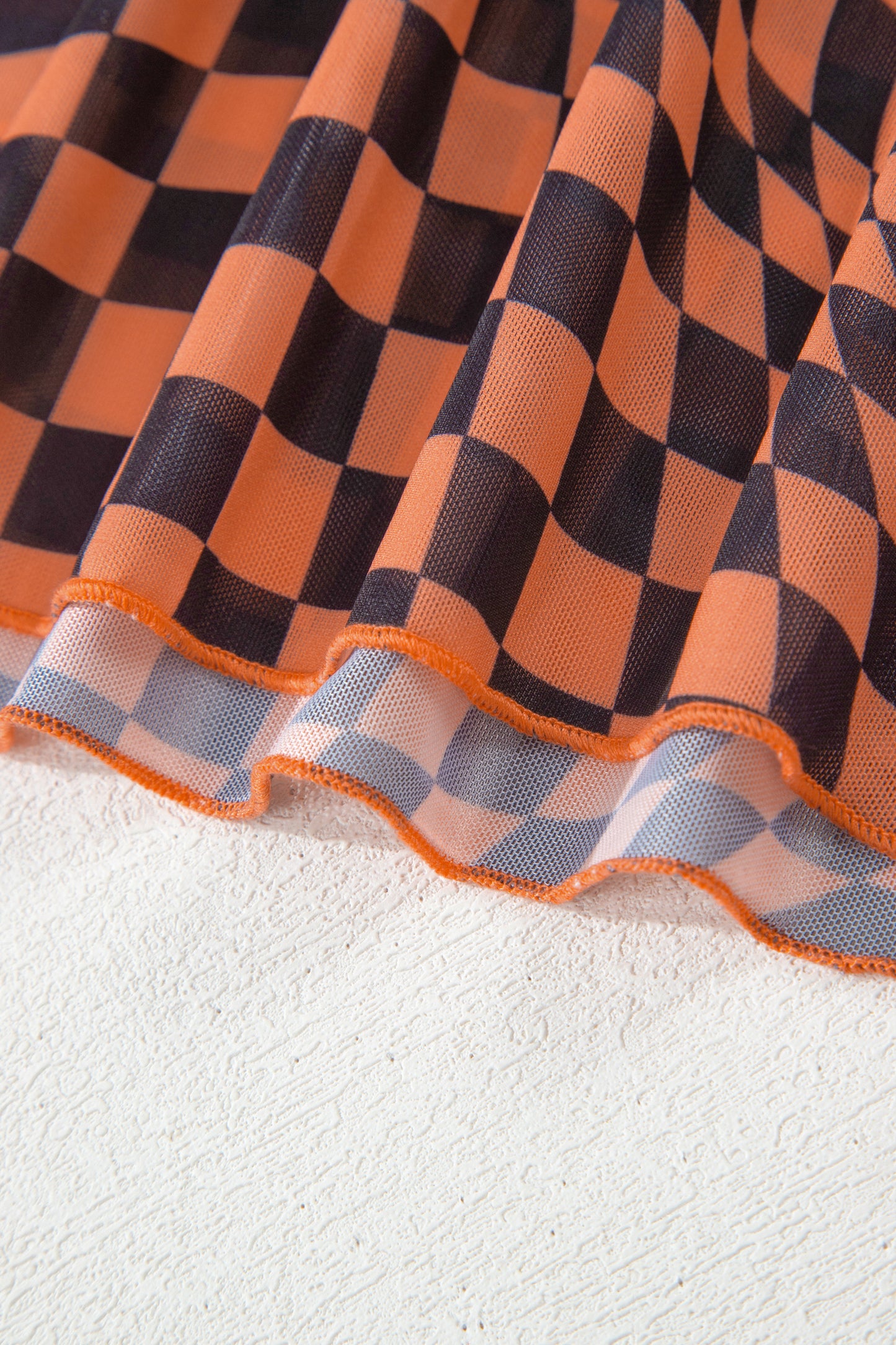 Orange Checkered Print Crew Neck Mesh T Shirt - Snoopy's Closet
