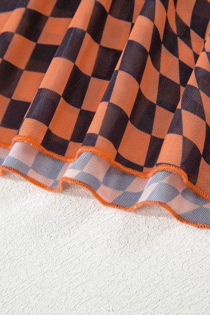 Orange Checkered Print Crew Neck Mesh T Shirt - Snoopy's Closet