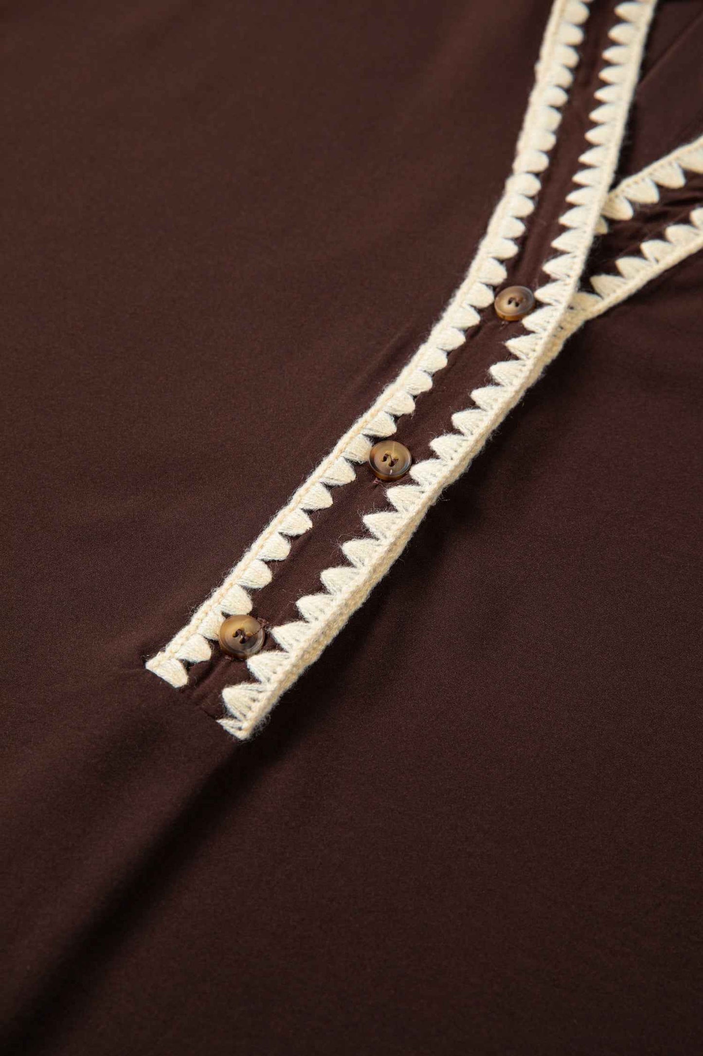 Coffee Shirt Collar Contrast Trim Button V Neck Short Sleeve Blouse