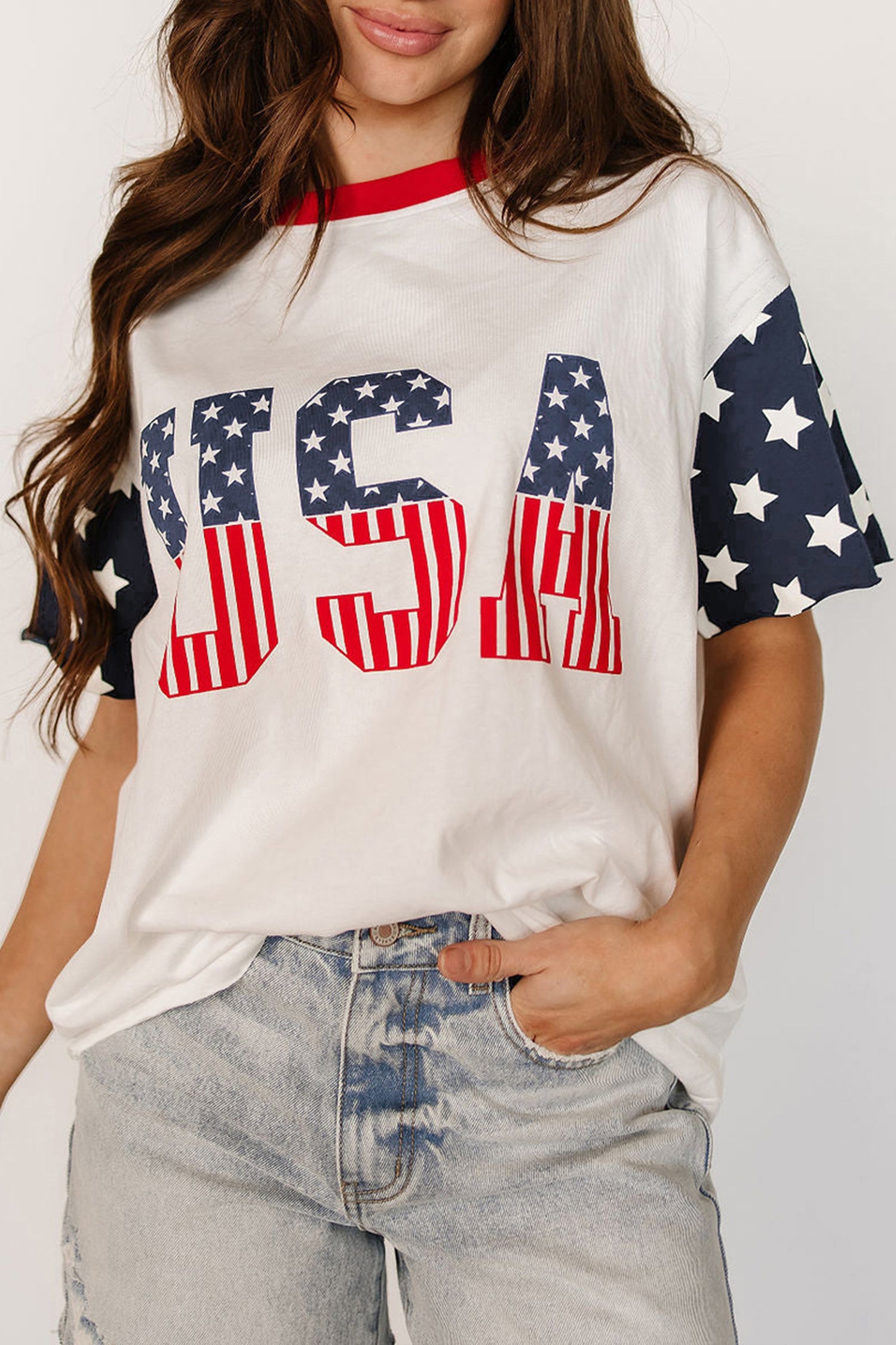 Jet Stream Flag Print USA Graphic Patchwork Casual Tee