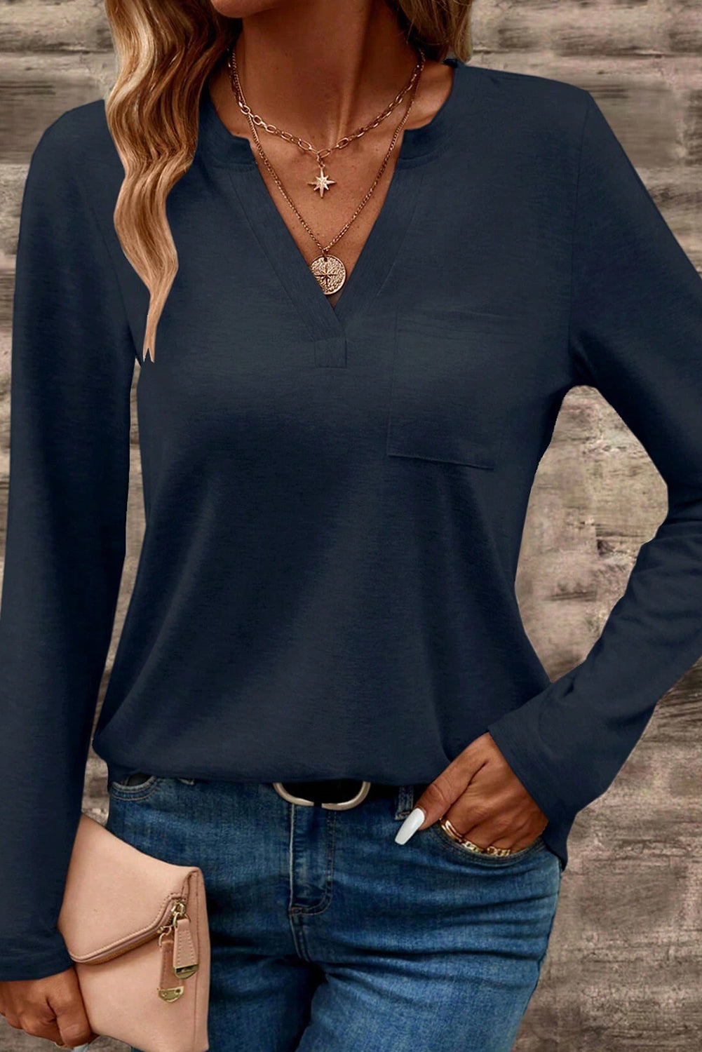 Dirty blue Notch V Neck Pocket Patched Long Sleeve T Shirt - Snoopy's Closet