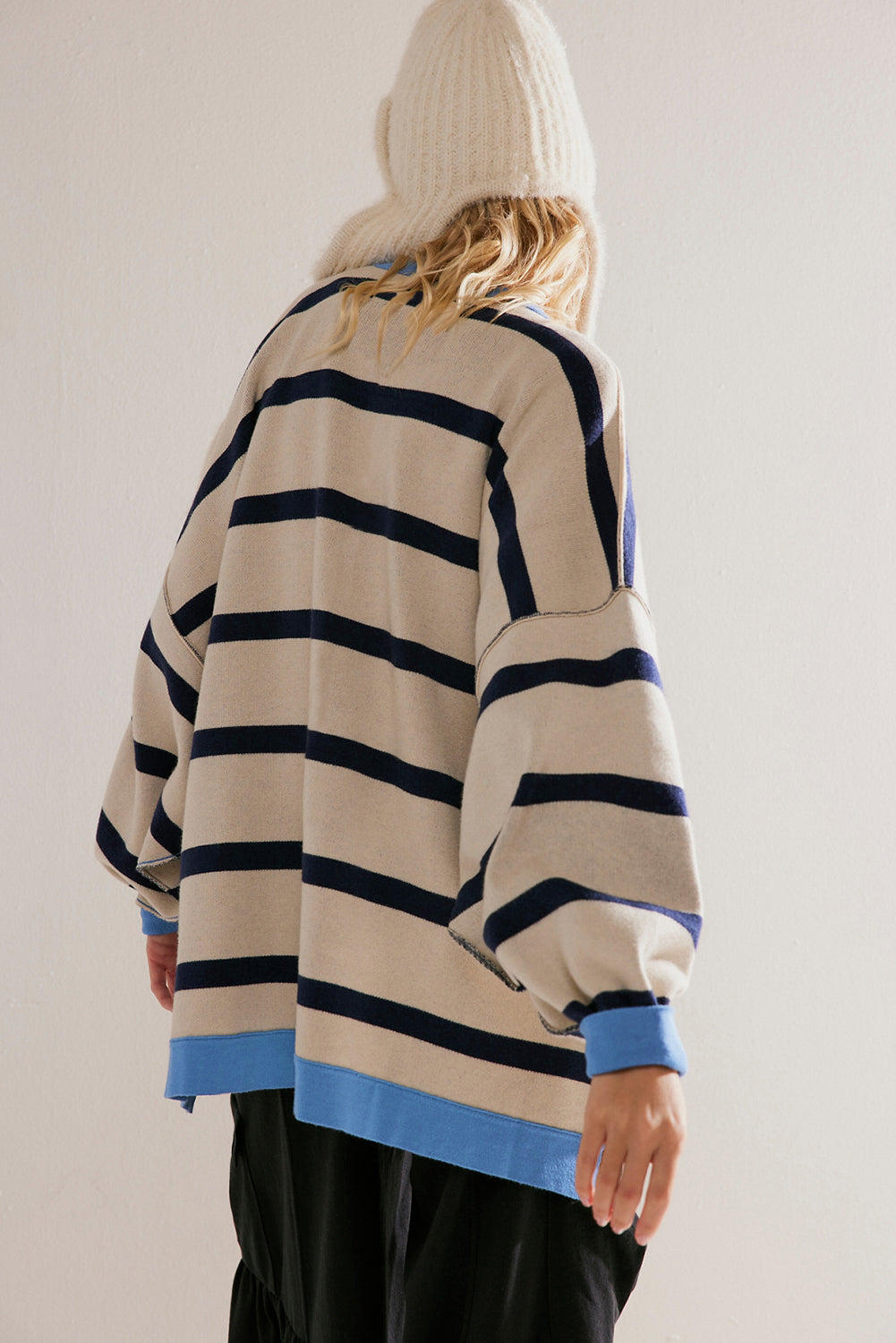 White Colorblock Drop Shoulder Buttoned Loose Cardigan - Snoopy's Closet
