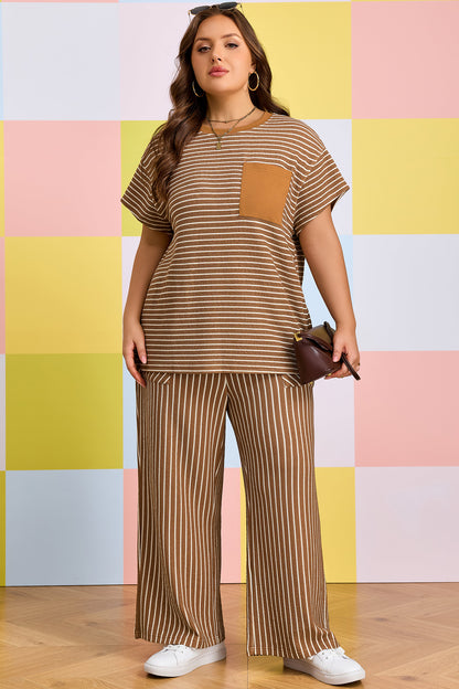 Conjunto de descanso de talla grande a rayas caqui con bloques de color y bolsillos
