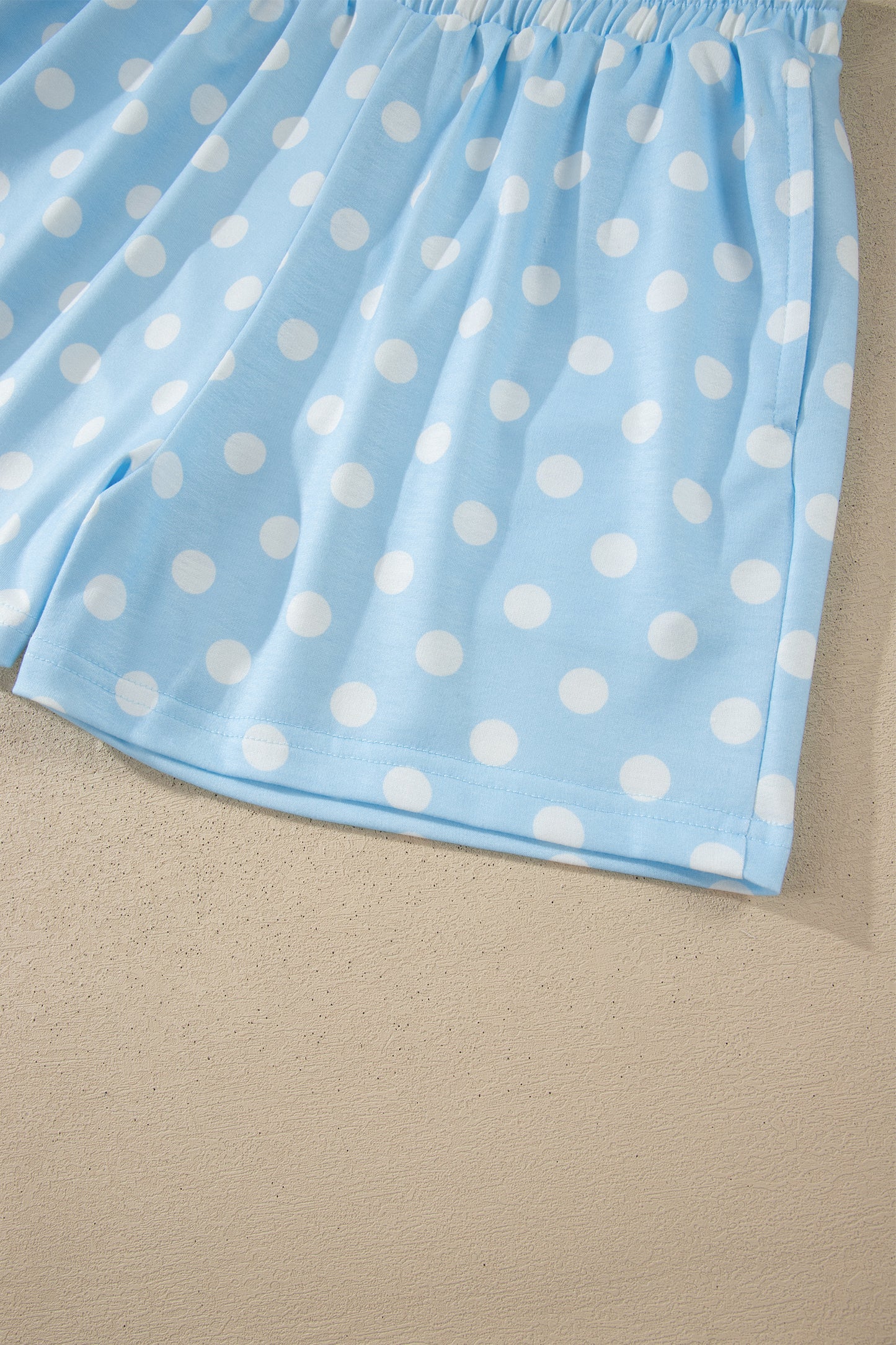 Sky Blue Polka Dot Print Color Block Trim Mock Neck Short Set - Snoopy's Closet