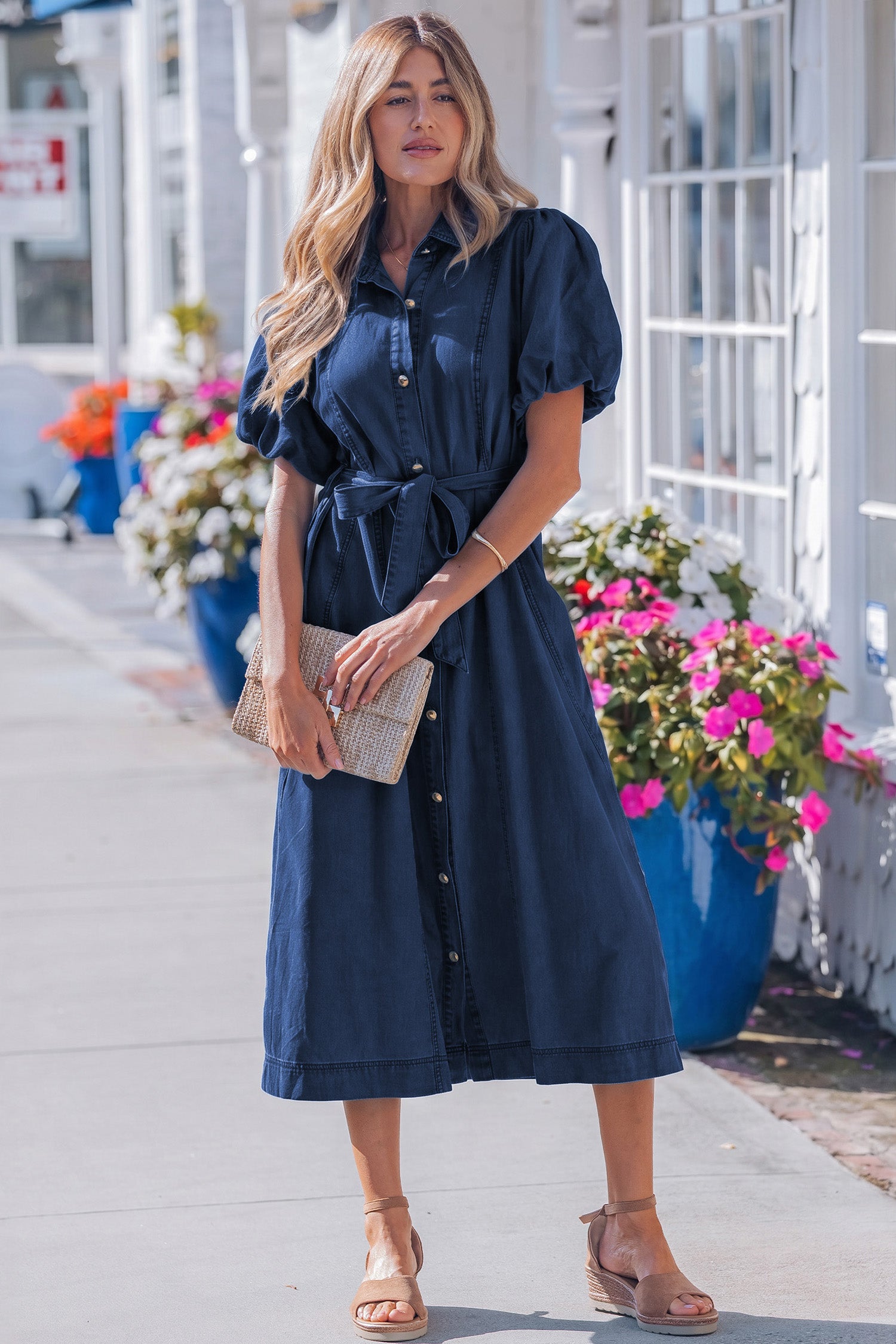 Sail Blue Full Buttons Collared Short Bubble Sleeve Long Denim Dress - Snoopy's Closet