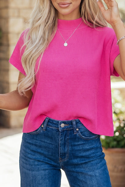 Suéter ligero de punto acanalado de color rosa brillante con cuello simulado