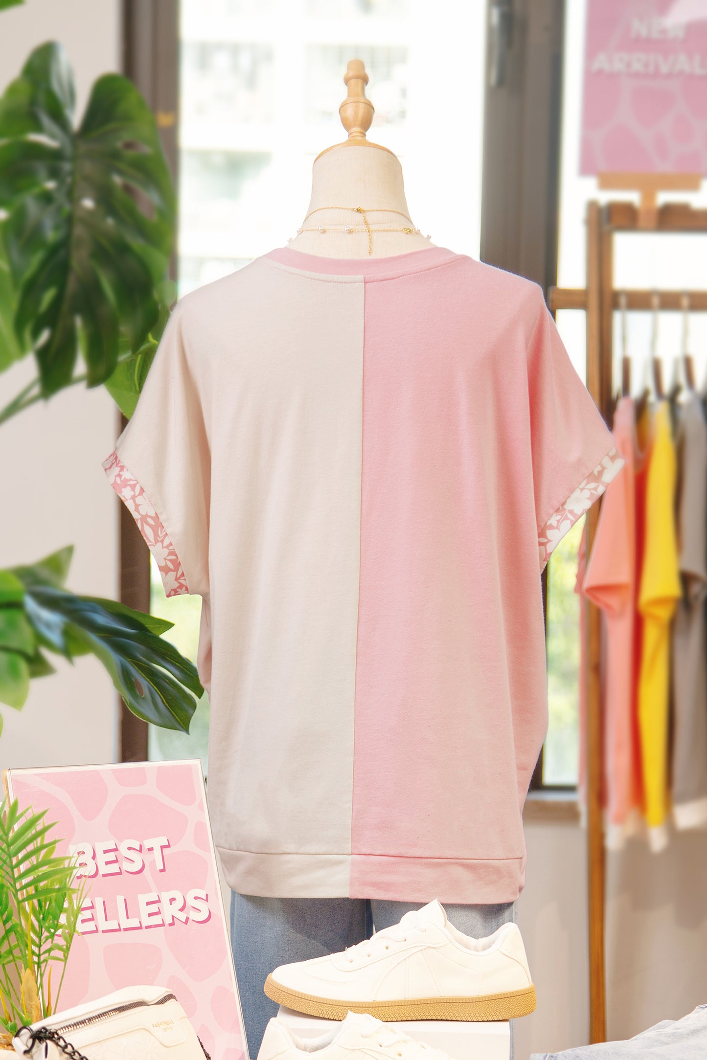 Apricot Color Block Flower Patched Loose T Shirt - Snoopy's Closet