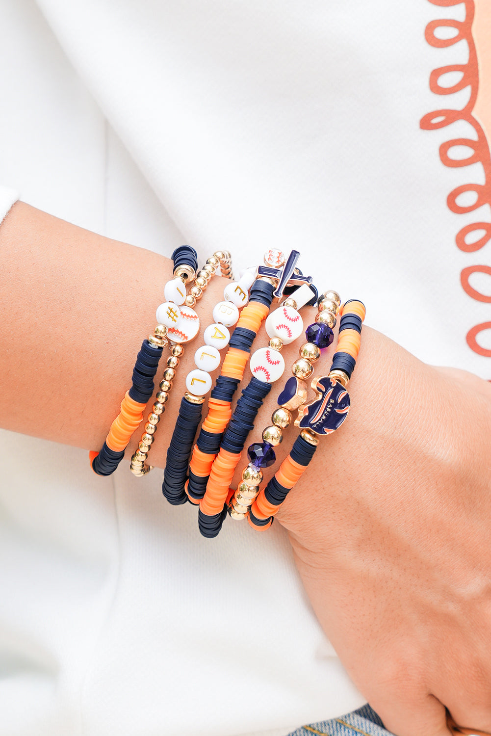 Russet Orange 7pcs Game Day Football Stackable Bracelet Set - Snoopy's Closet