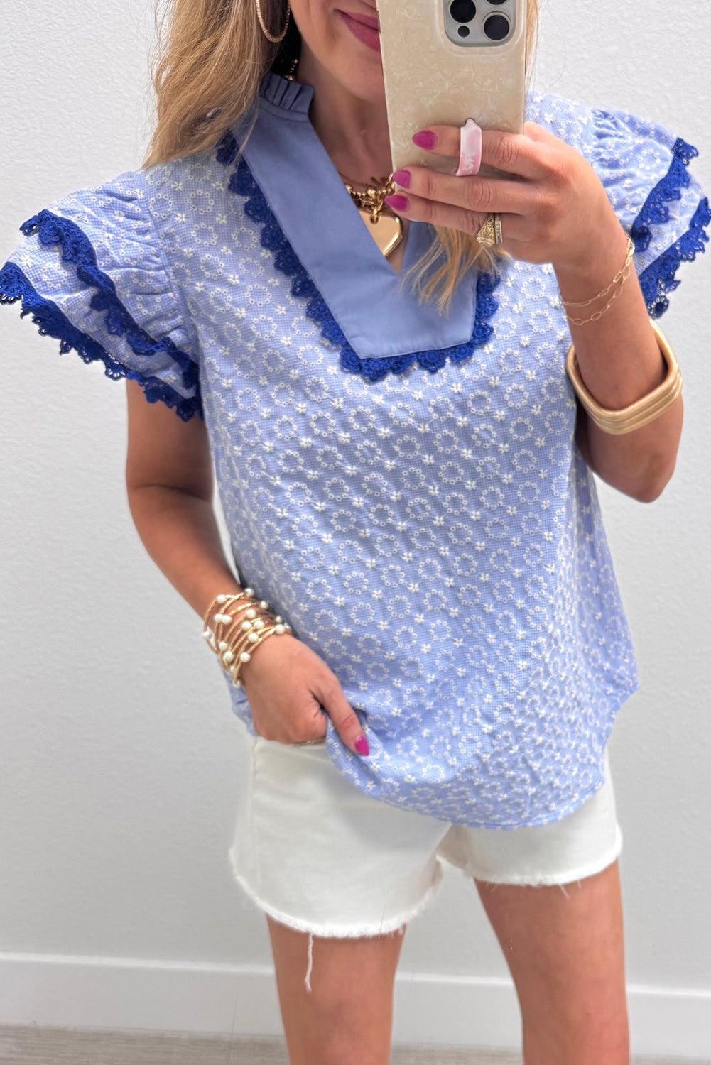 Beau Blue Eyelet Embroidered Flower Texture Contrast Lace Trim Flutter Sleeve Blouse - Snoopy's Closet