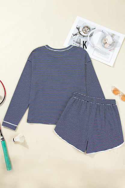Blue Stripe Drop Shoulder Round Neck Long Sleeve Tee and Buttoned Shorts 2pcs Lounge Set - Snoopy's Closet