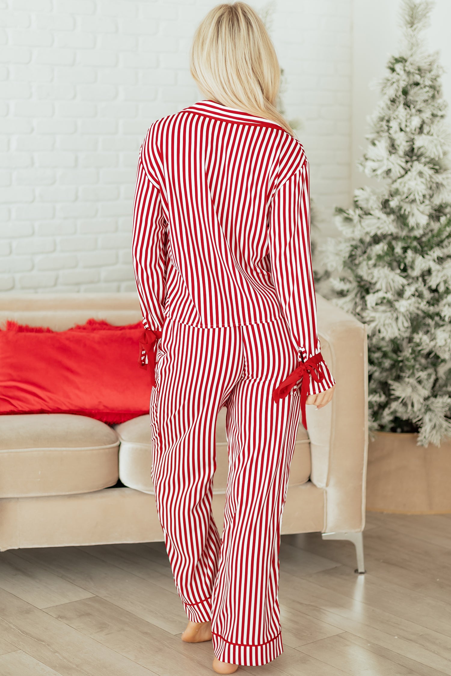 Red Stripe Contrast Velvet Trim Bow Knot Waist 2pcs Pajama Set - Snoopy's Closet