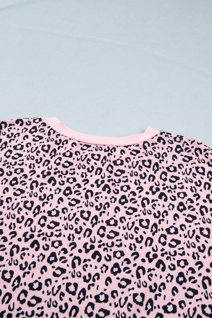 Pink Leopard Striped Contrast Patchwork Plus Size Tee