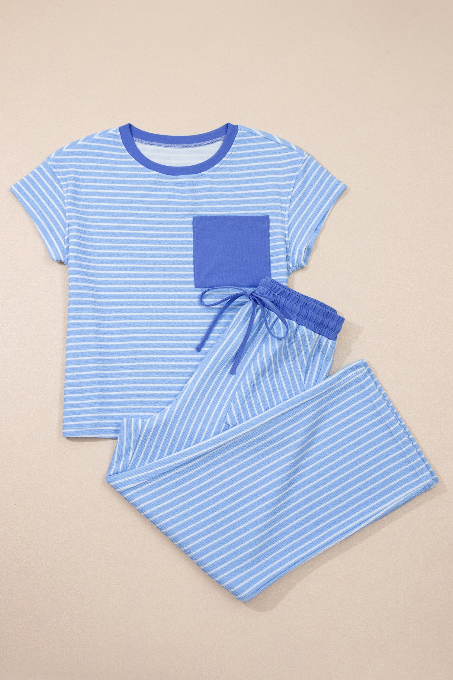 Sky Blue Stripe Crew Neck Tee Drawstring Waist Cropped Pants Set - Snoopy's Closet