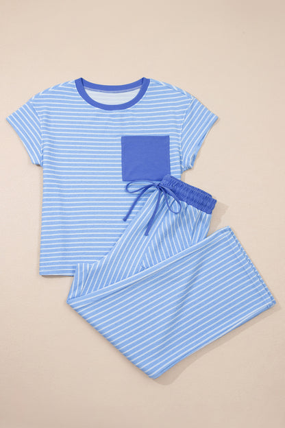 Sky Blue Stripe Crew Neck Tee Drawstring Waist Cropped Pants Set - Snoopy's Closet