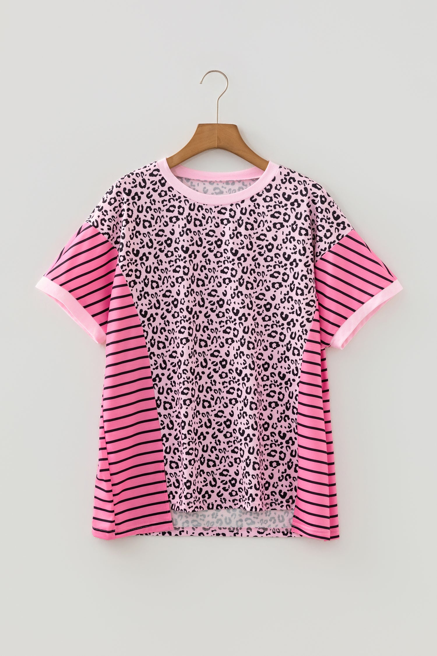 Pink Leopard Striped Patchwork Side Slit Loose Short Sleeve Top - Snoopy's Closet