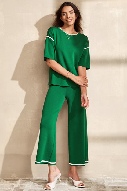Blackish Green Contrast Trim Half Sleeve Top Drawstring Pants Loose 2pcs Sweater Suit - Snoopy's Closet