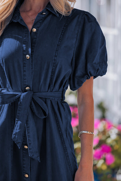 Sail Blue Full Buttons Collared Short Bubble Sleeve Long Denim Dress - Snoopy's Closet