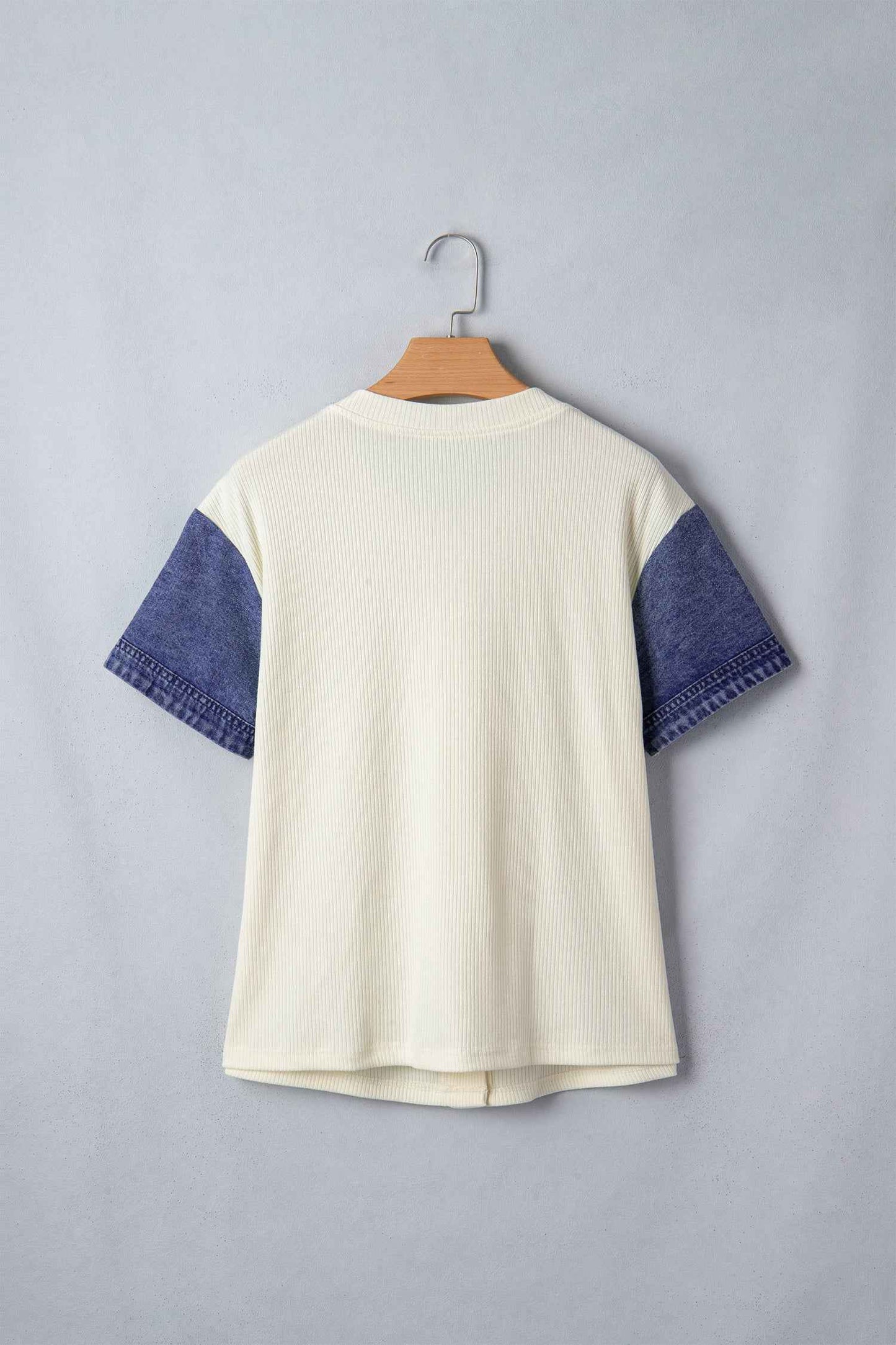 Beige Denim Patchwork Short Sleeve Ribbed Shirt