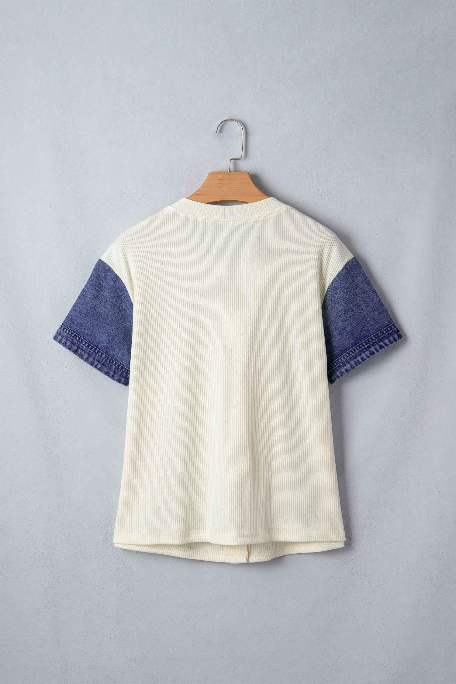 Beige Denim Patchwork Short Sleeve Ribbed Shirt