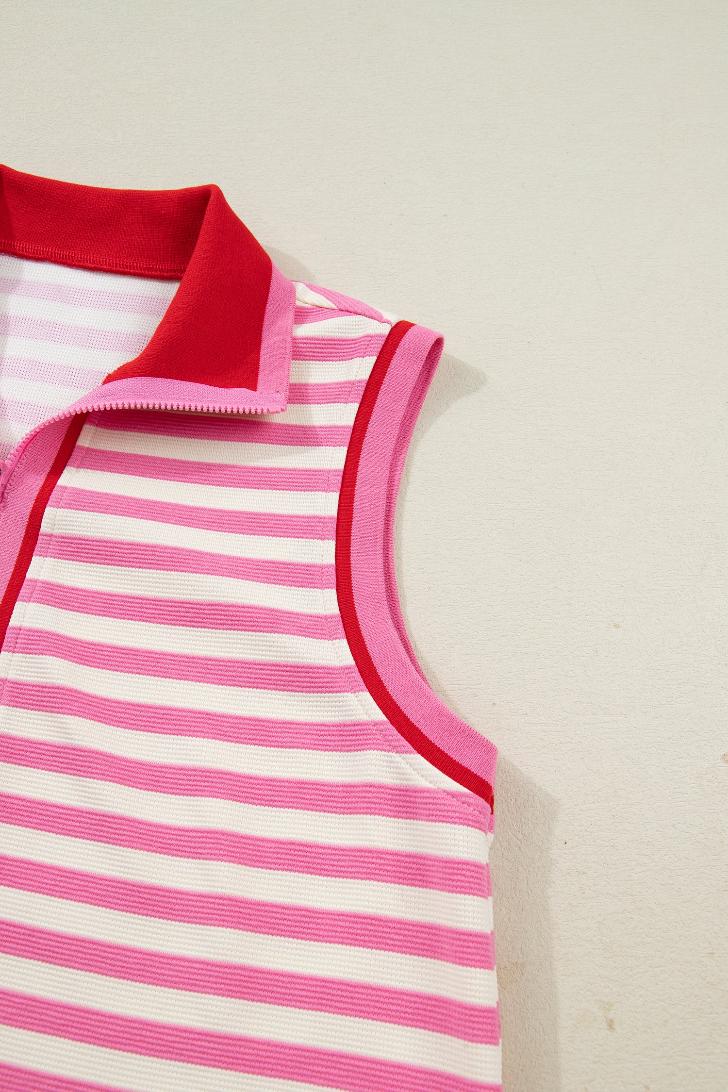 Sachet Pink Textured Stripe Print Contrast Trim Zip Collar Sleeveless 2pcs Skort Set - Snoopy's Closet