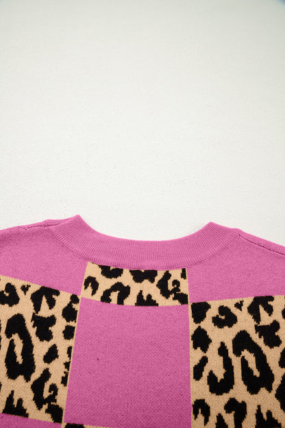 Suéter de punto de manga corta a cuadros leopardo rojo rosa