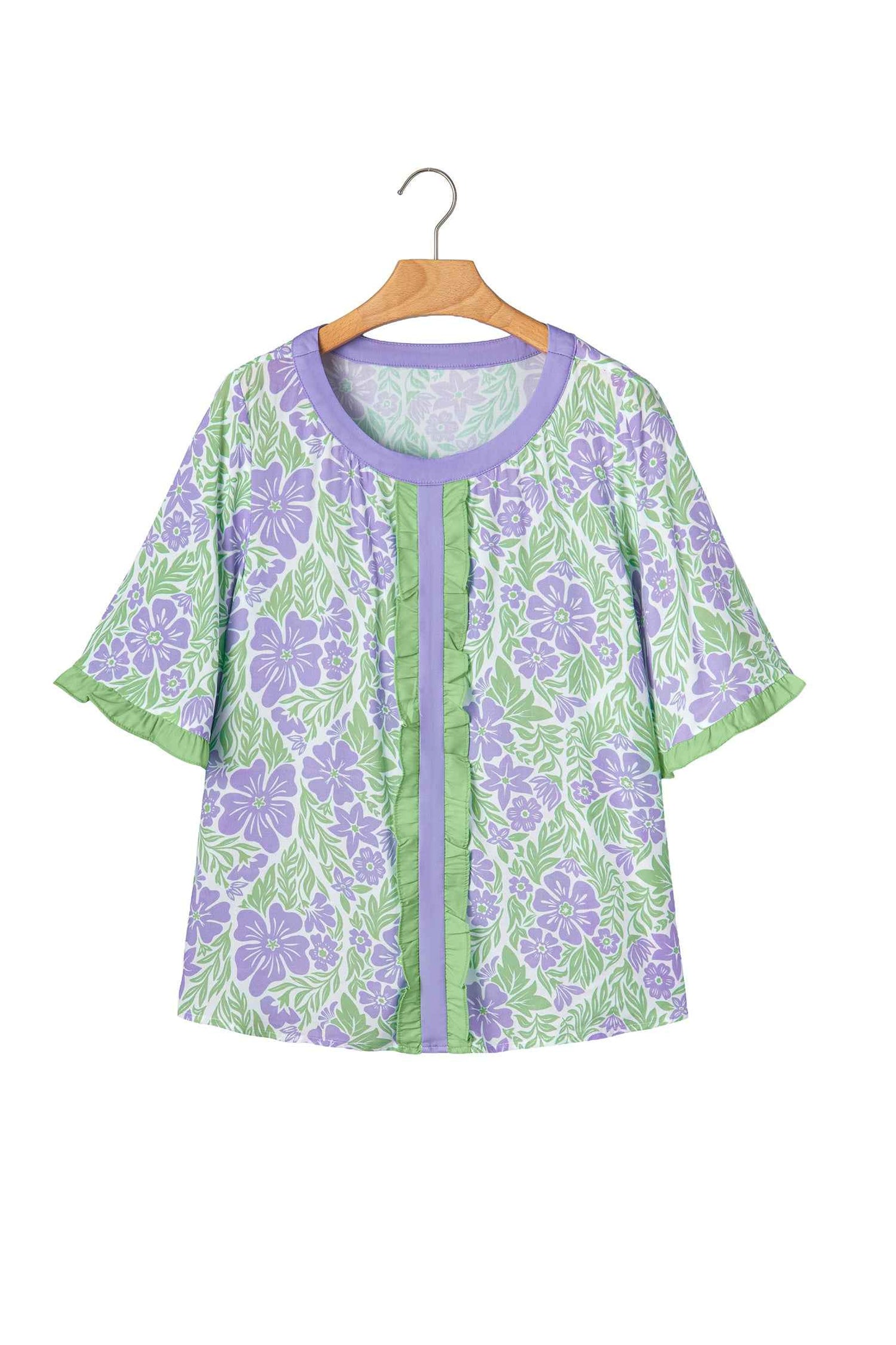 Sky Blue Floral Print Ruffled Color Block Trim Half Sleeve Blouse