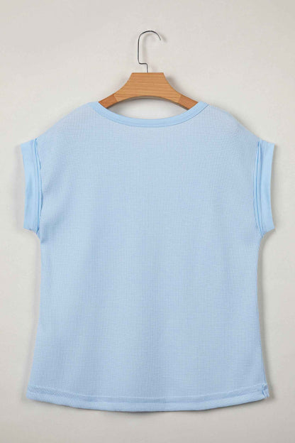 Pink Solid Color Raw Seam Waffled Patchwork Casual T Shirt