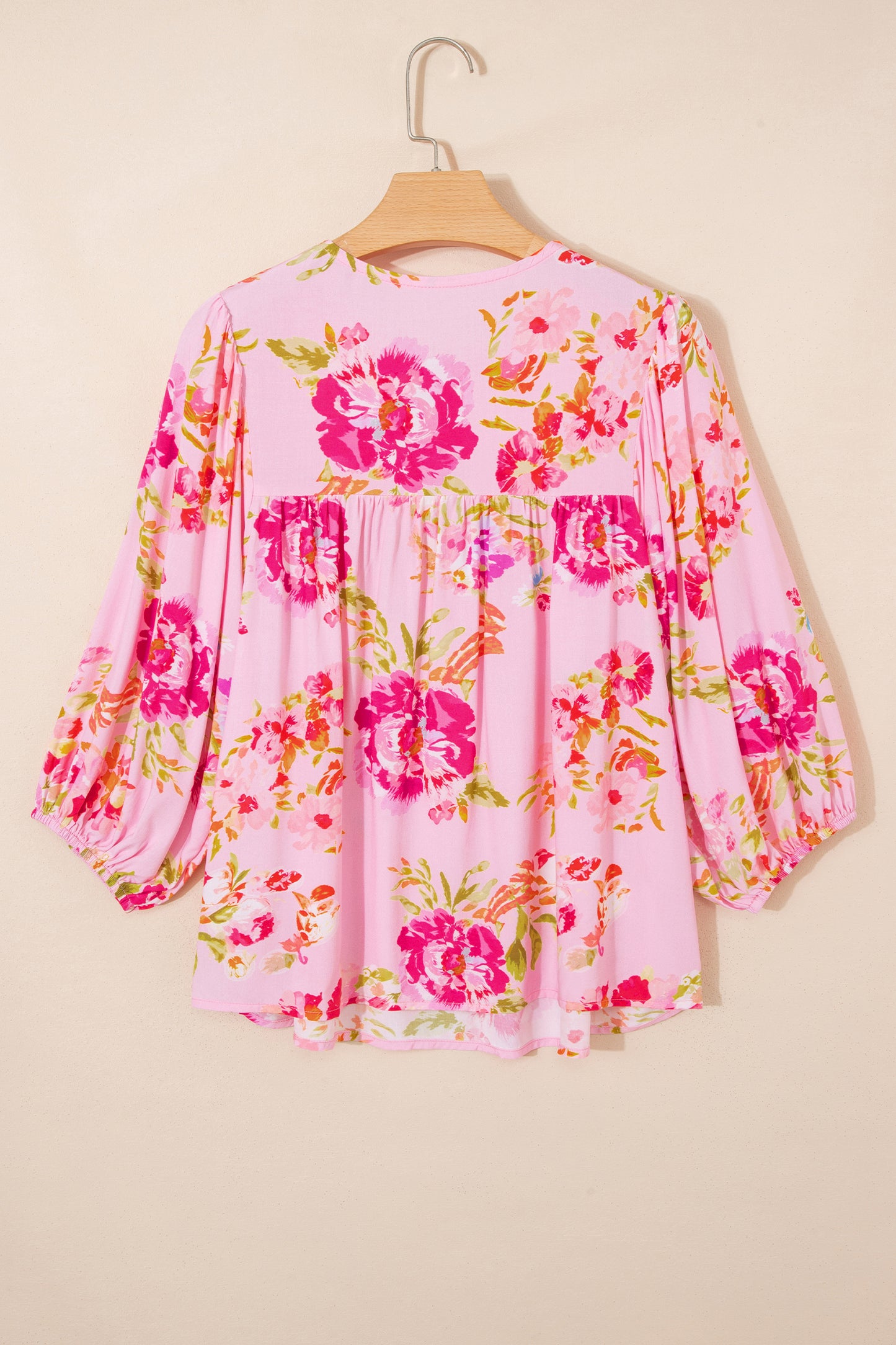 Pink Floral Print Tie Neck Puffy Half Sleeve Blouse - Snoopy's Closet
