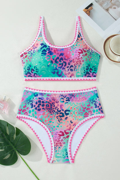 Pink Leopard Ricrac Trim Square Neck High Waist Bikinich - Snoopy's Closet