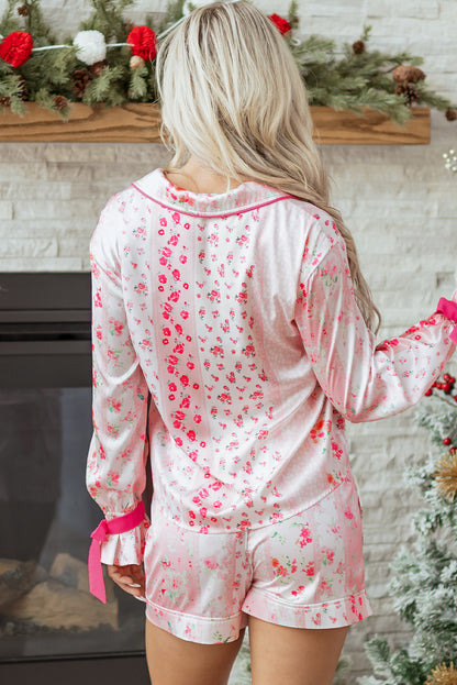 Pink Mixed Floral Print Contrast Piping Trim Satin Tie 2pcs Pajama Set - Snoopy's Closet