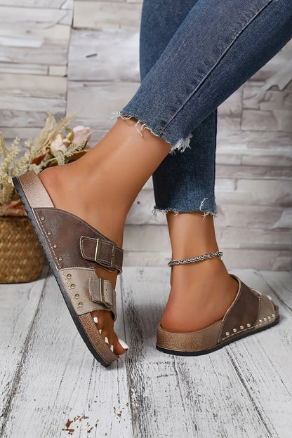 Coffee Leopard Two-tone Retro Buckle Straps Hollowed Faux Suede Slippers - Snoopy's Closet