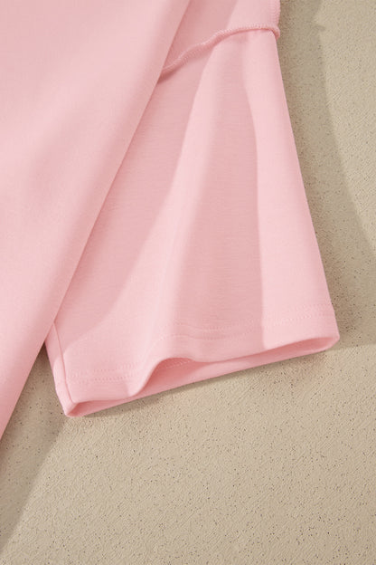 Moonlight Jade Solid Color Exposed Seam Mock Neck Oversize Tee Casual Shorts 2pcs Outfit - Snoopy's Closet