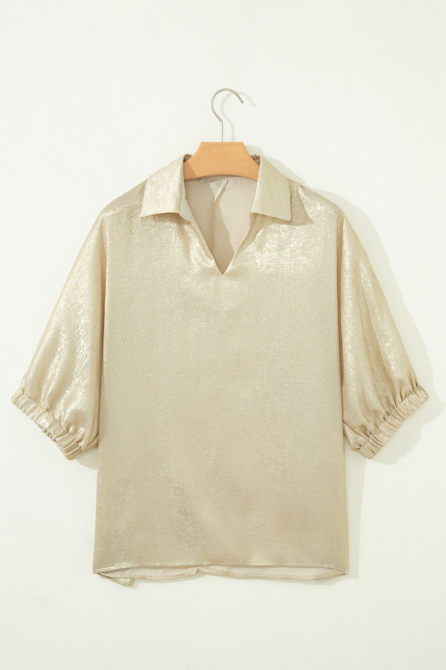 Beige Collared V Neck Half Sleeve Metallic Top