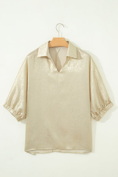 Beige Collared V Neck Half Sleeve Metallic Top
